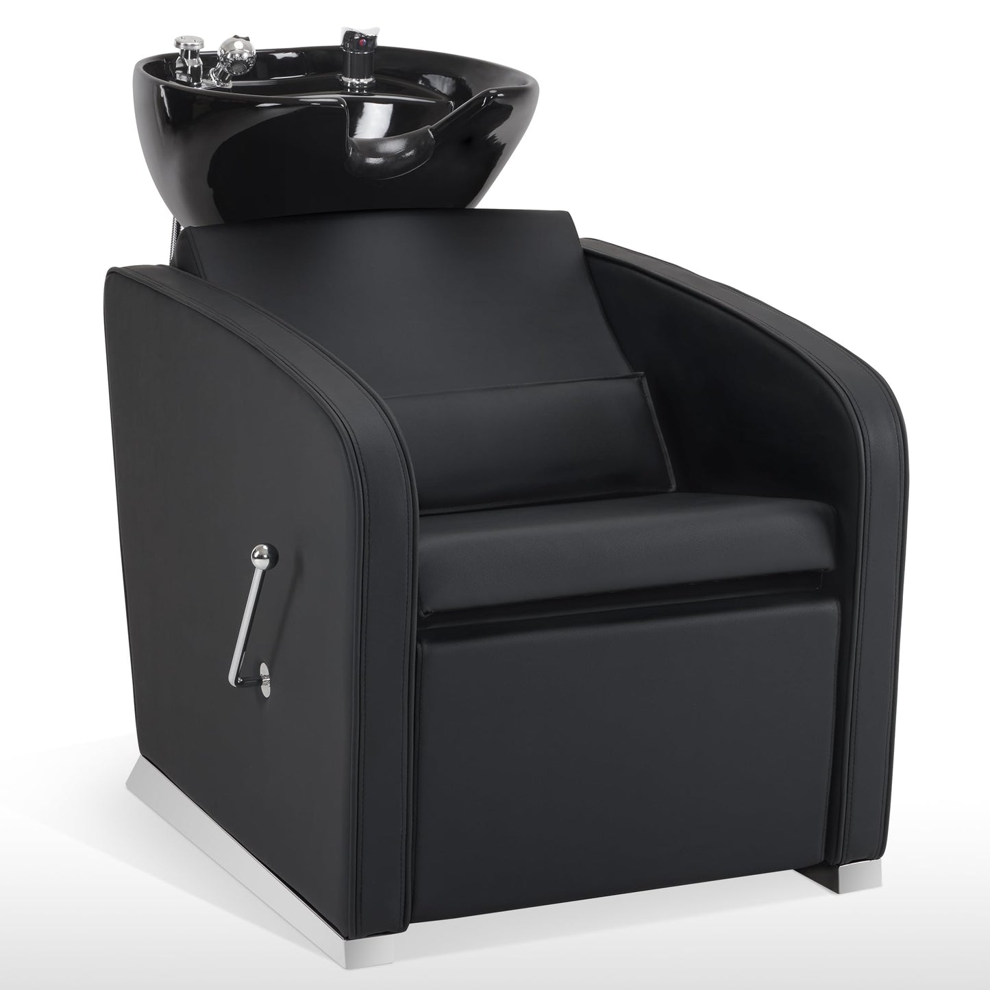BarberPub Backwash Shampoo Station Chair, Adjustable Porcelain Ceramic Hair Wash Bowl Sink Unit Station, Reclining Shampoo Station Chair for Spa Beauty Salon Hair Salon Equipment 9303 (Black)