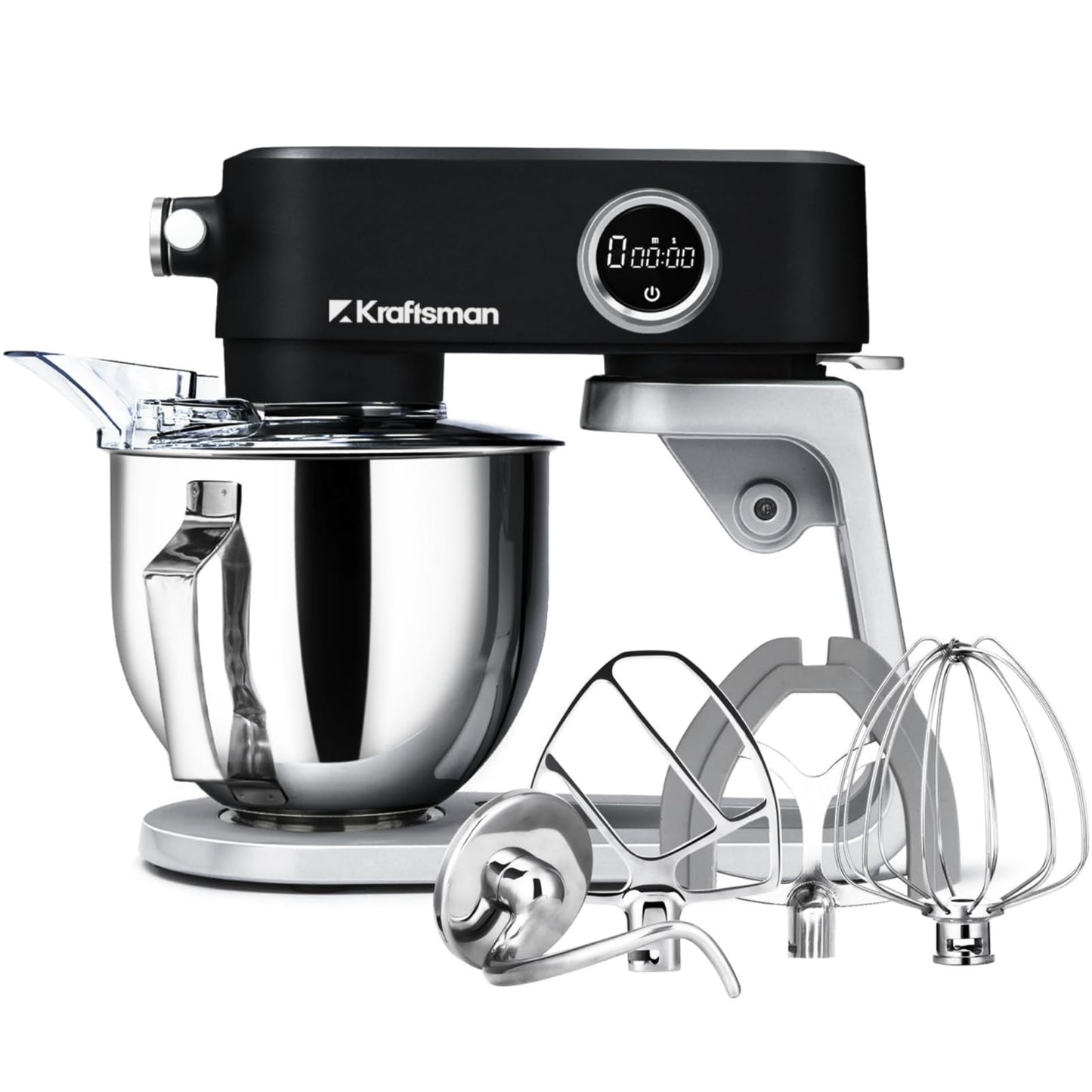 Kraftsman All Metal Stand Mixer DC Motor - Heavy Duty Dough Mixer 5.3 Quart with 4 Stainless Steel Attachments, Quiet Operation with Timer, Verstile Standing Mixer with Power Hub, 8-Speed (Black)