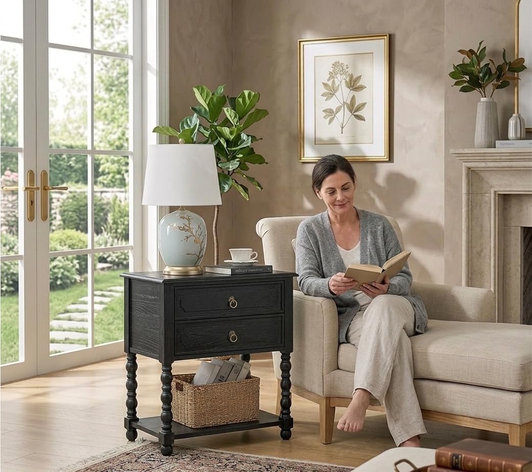 HULALA HOME Farmhouse Storage End Table with 2 Drawers and Open Shelf, Solid Wood Side Table with Spindle Legs, End Table with Charging Station (Charcoal)