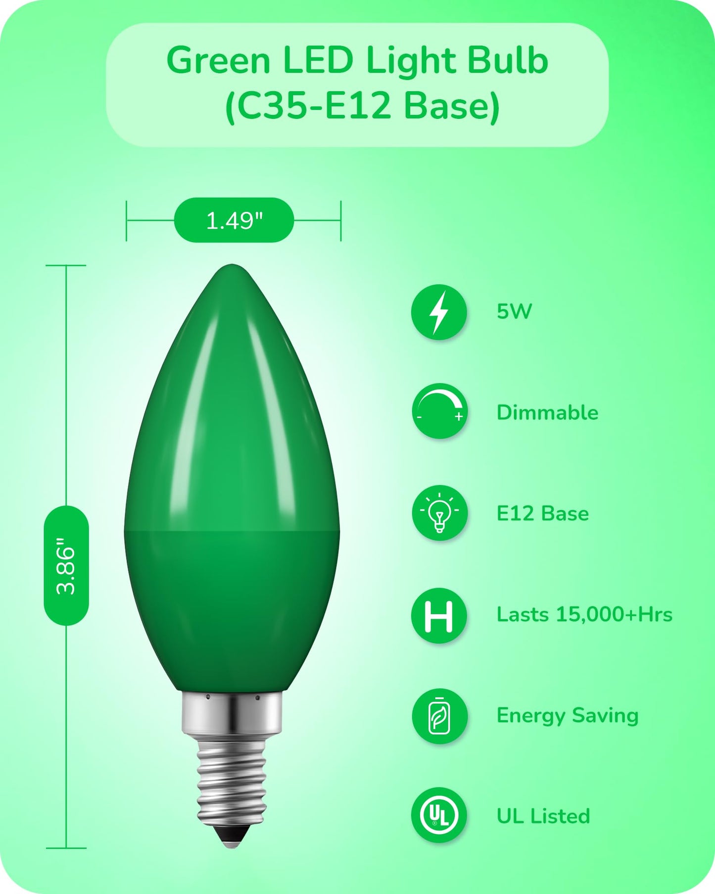EDISHINE LED Candelabra Bulbs, Green, 60W Equivalent, Dimmable, Vintage Candle Light, Model HDCC35G, 6 Pack