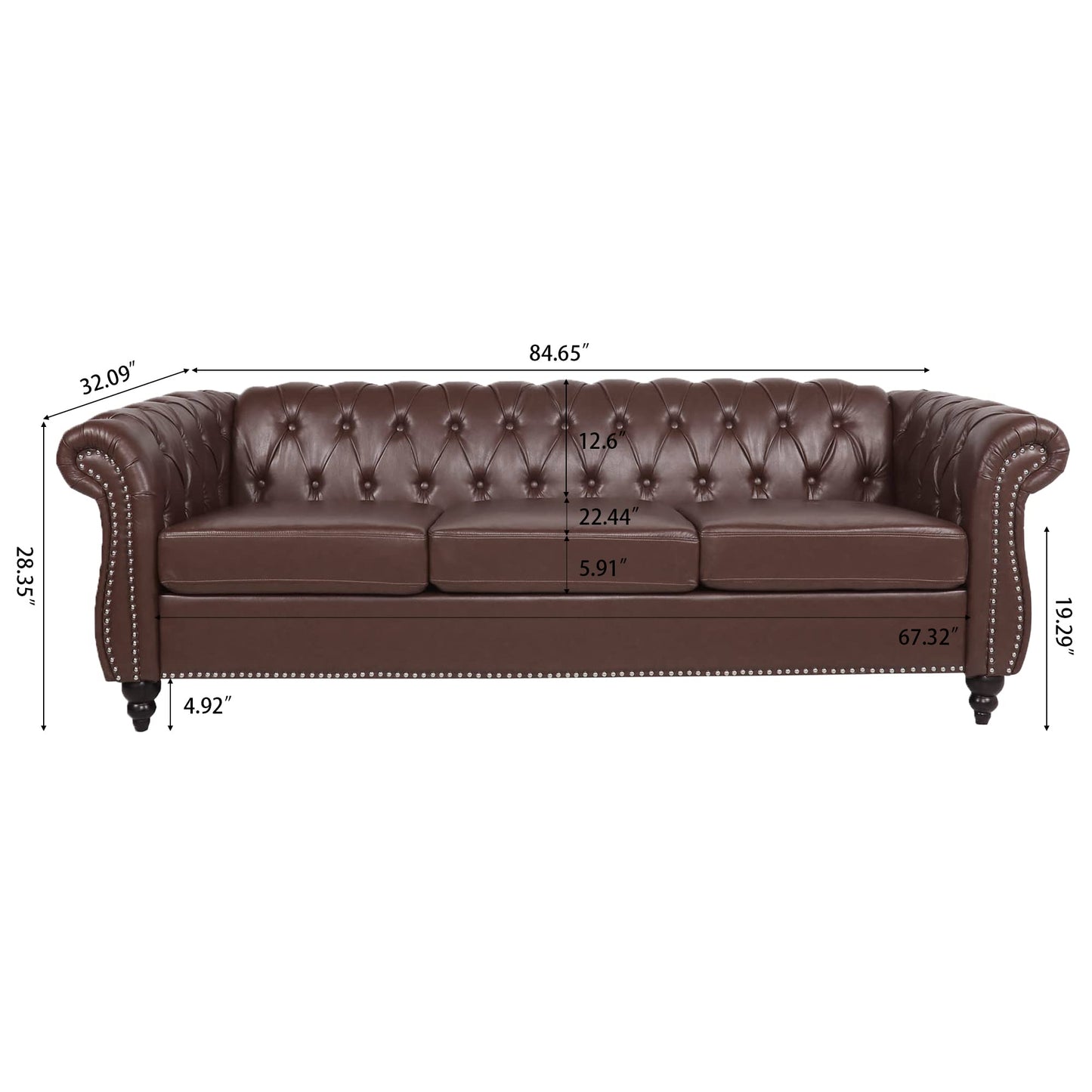 Ball & Cast 84" Chesterfield Leather Sofa with Channel Tufted Seat Back,Classic 3 Seater Couch w/Roll Arm Nailhead Trim and Upholstered,Mid Century Furniture for Living Room,Office,Dark Brown PU