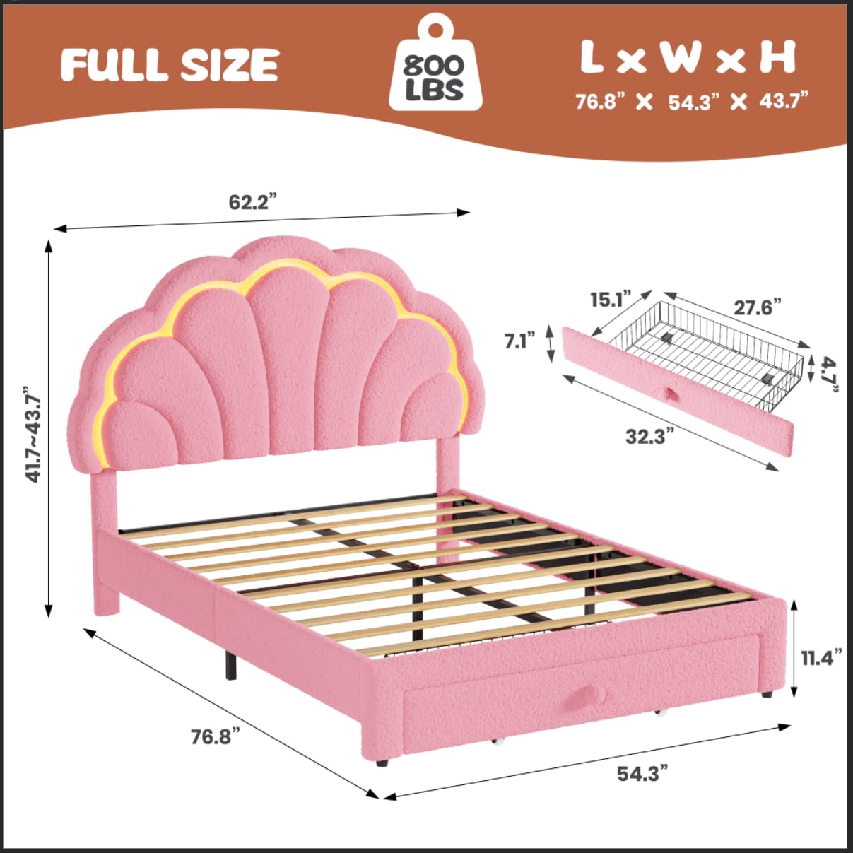 Garvee Full Upholstered LED Bed Frame - with Storage Drawer and Adjustable Chic Headboard, Berber Fleece Princess Platform Bed for Kids, Wood Support, No Box Spring Needed, Easy Assembly, Pink