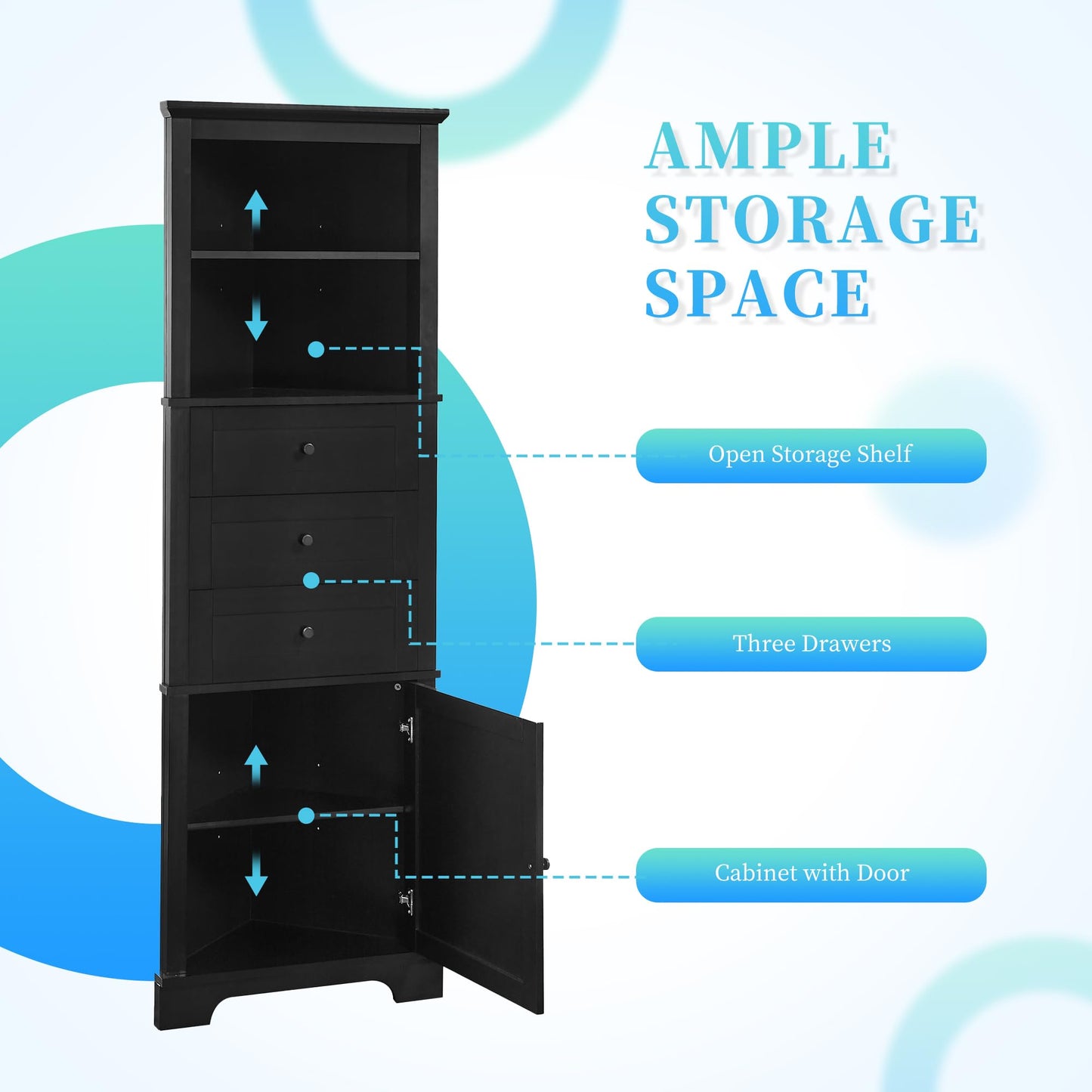 Storage Corner Cabinet with 3 Drawers and Door, Tall Line Pantry Home Space Saver for Bathroom, Living Room, Kitchen, Adjustable Shelf, Black