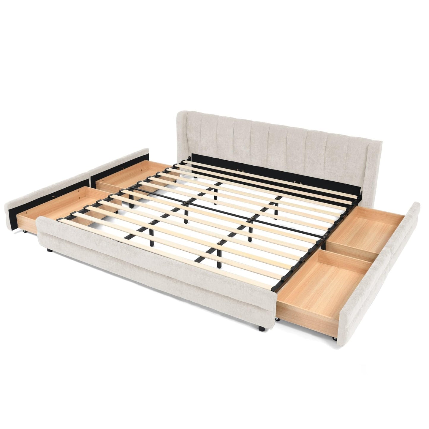 KEIKI Thick Chenille King Bed Frame with 4 Storage Drawer & Upholstered Tufted Cushioned Headboard, Modern Solid Wood Floor Platform Cloud Bed Frame for Bedroom, No Box Spring Needed, Beige