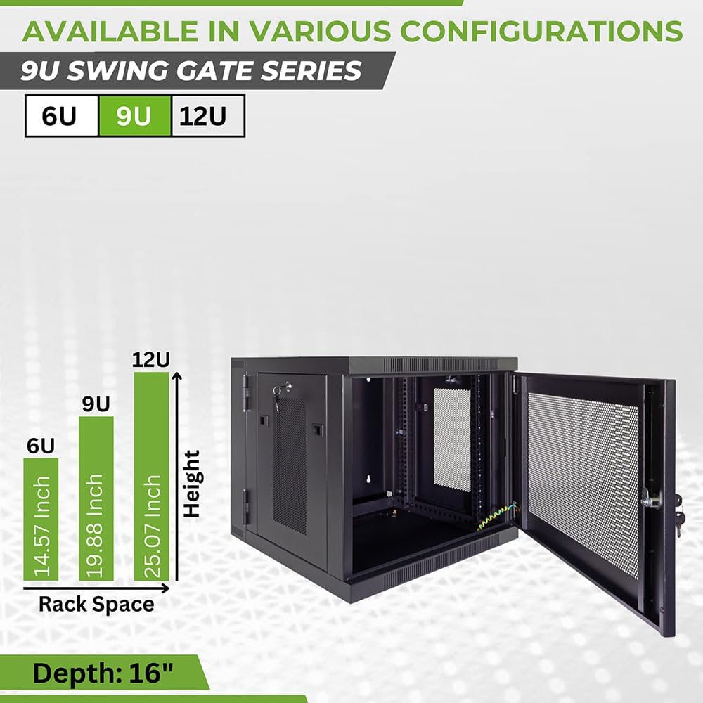 NavePoint 9U Server Cabinet with Hinged Back - 17.7” Deep, Server Rack Enclosure with Locking Perforated Door, Wall Mount Rack with Removable Side Panels, Network Cabinet, Pre-Assembled