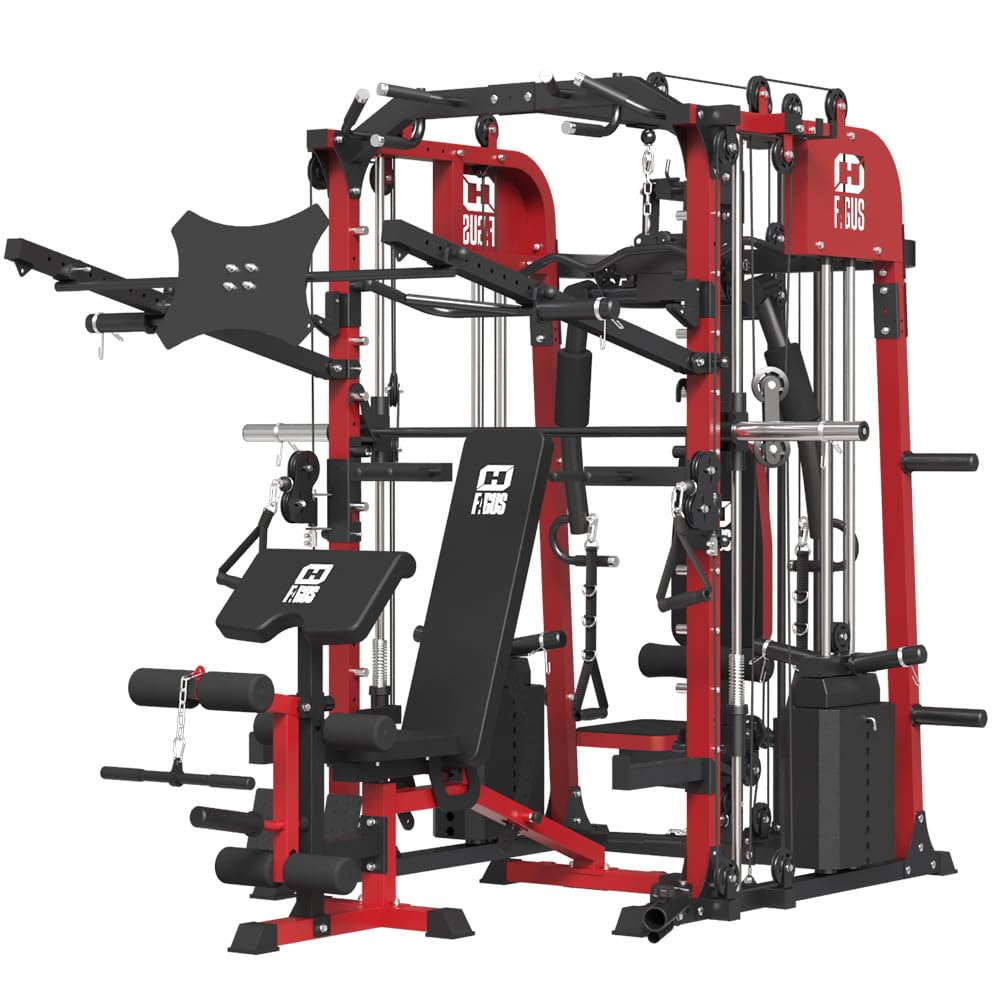 smithmachine with Weight Bench Combo, Home Gym with Dual Weight Stacks, 4000LBS Power Cage Squat Rack with Lever Arm, Leg Press, LAT Pull Down, Cable Crossover Machine for Full Body Training, Red