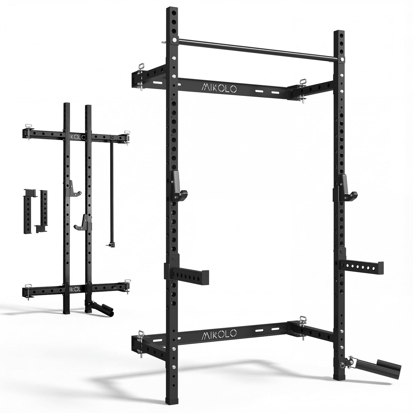 Mikolo 2" x 2" Folding Wall Mounted Squat Rack, 1000 Pounds Capacity Power Rack with Safety Catches, Pull Up Bar, J Hooks and Landmine Attachment, Space-Saving Home Gym(Black