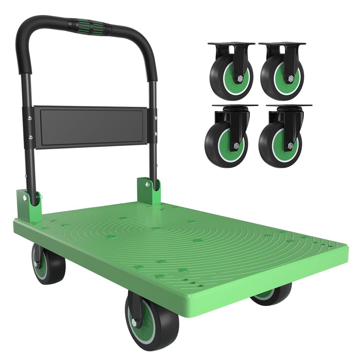 WUD Push Cart, Folding Mobile Platform Trolley,Thickened and Reinforced, 360° Swivel Wheels, 35.4 “L x 23.6 ”W, 1323 lb. Green Dolly cart with Wheels