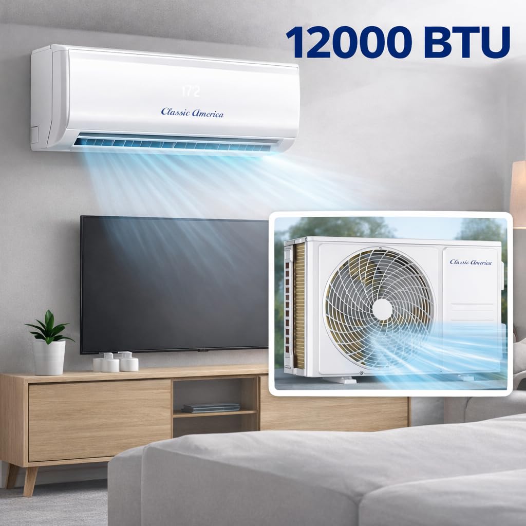 Vtronix Classic America 12000 BTU Smart Mini Split AC/Heat Pump, 19 SEER2 Inverter Ductless Wall Mount, 110/120V, Quiet 29dB, WiFi/Alexa, Pre-Charged, 16ft Line Set Kit, Up to 550 Sq Ft