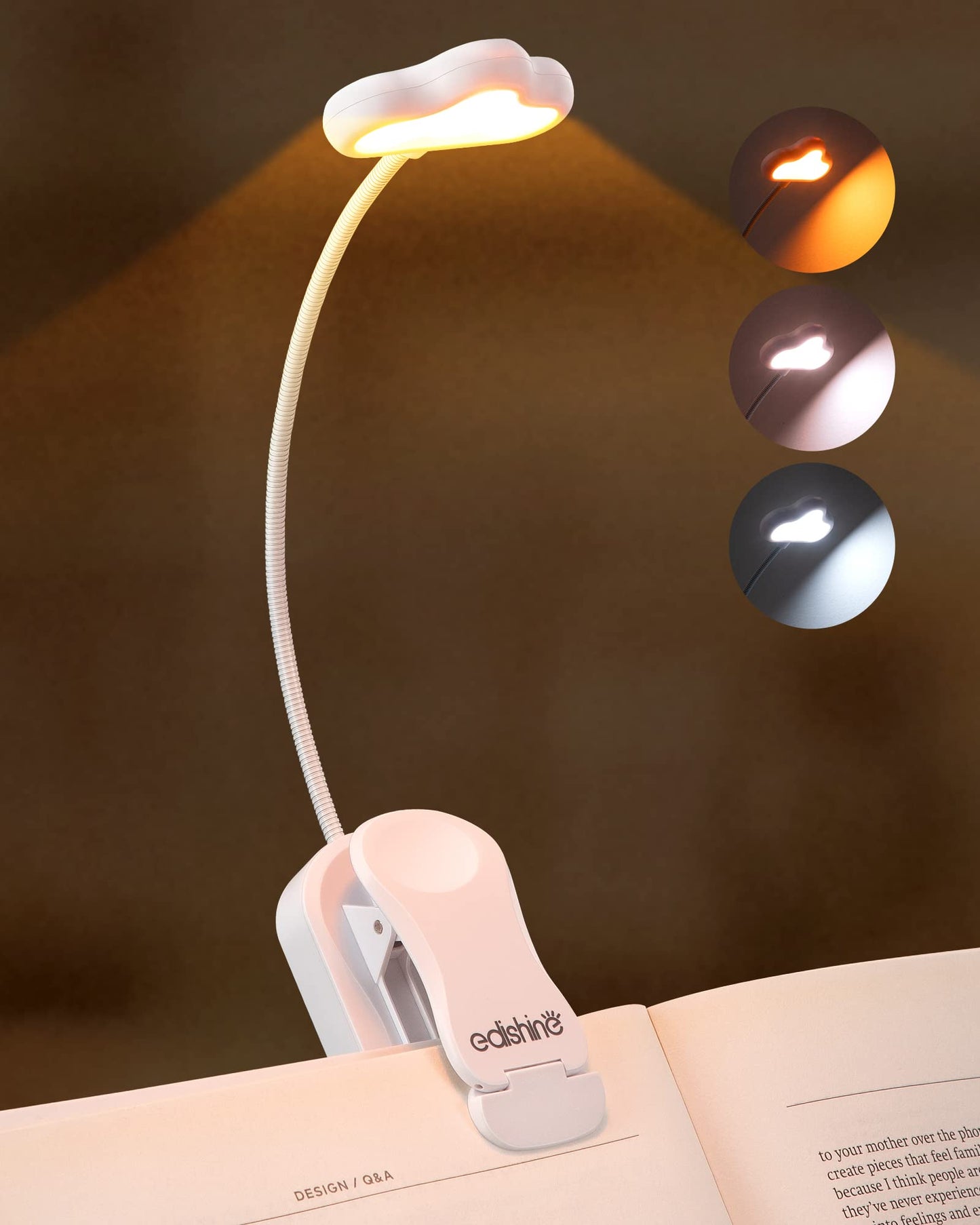 EDISHINE Book Light, USB Rechargeable LED Clip-on Lamp, 3 Color Modes, Stepless Dimmable, White, Model HBRL10A1
