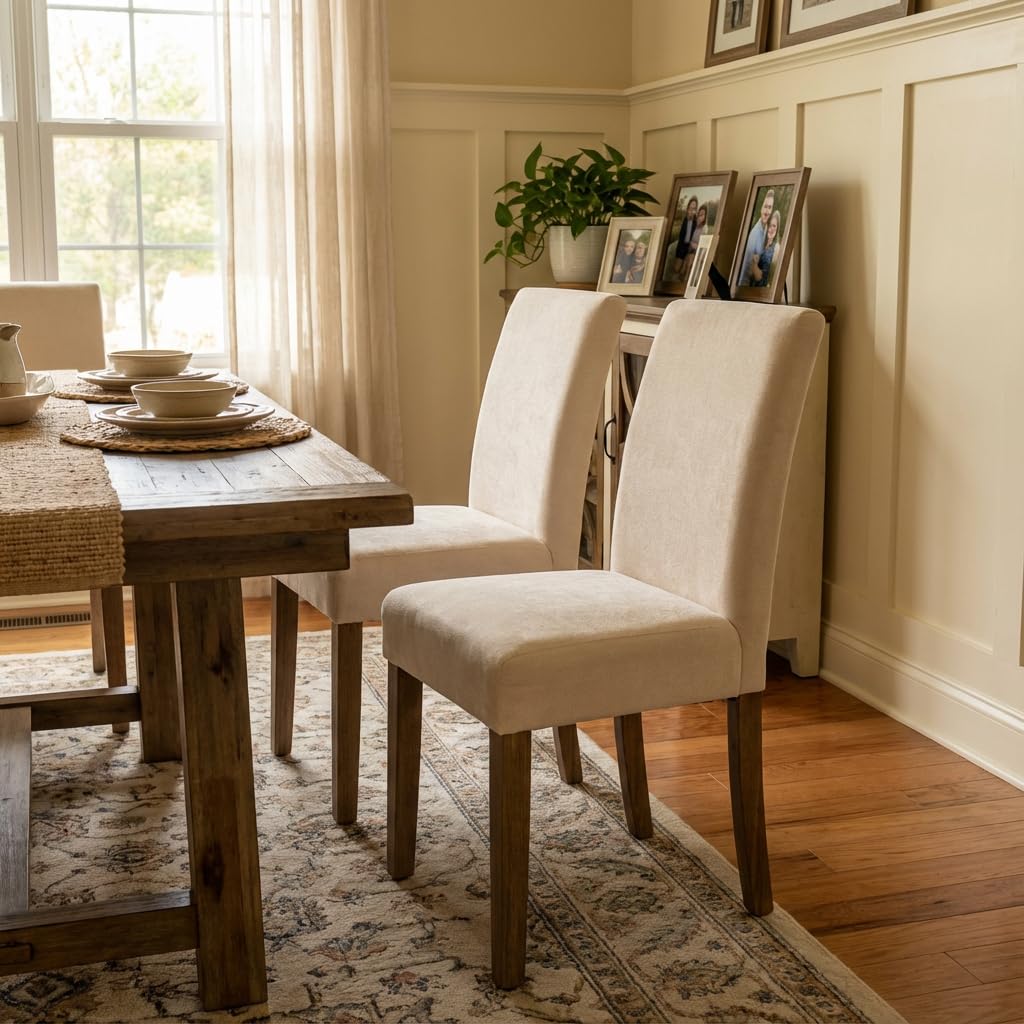 YOUNIKE Upholstered Fabric Dining Chairs Set of 2 High Back Mid-Century Modern Kitchen Dining Chairs with 4.7" Padded Cushion Solid Wood Legs Armless Design for Dining/Waiting Room Bedroom Beige