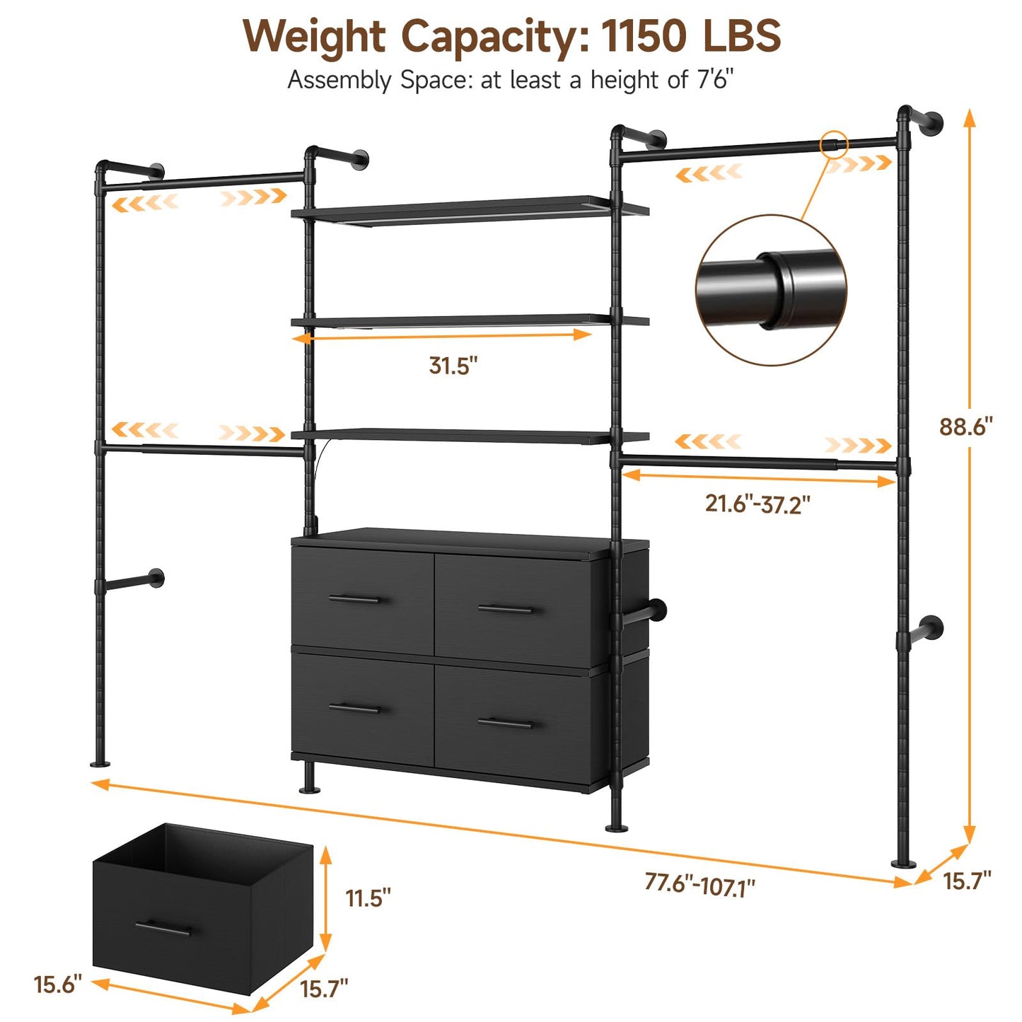 T3 Closet System with Stepless Dimmable LED Light, Industrial Pipe Clothing Rack with 4 Drawers, 6 Wooden Shelves & 4 Telescopic Rods, Heavy Duty Closet Organizers in Wardrobe Closet (Black)