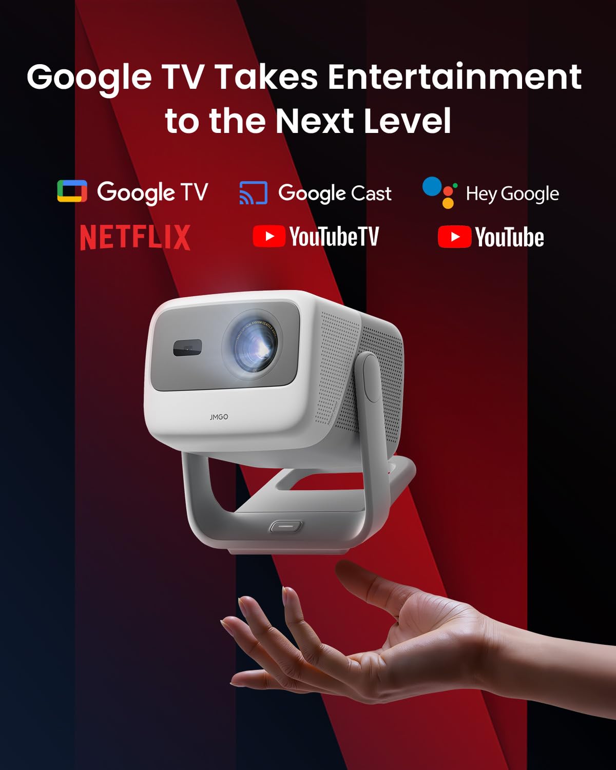 JMGO N1S 4K Smart Portable Projector, Triple Laser, 1100 ISO Lumens, Gimbal Instant Auto Focus, Google TV, Netflix, 110% BT.2020, Wi-Fi 6, HDR10, 10W Dolby Audio, Blu-ray 3D, 200" for Home.