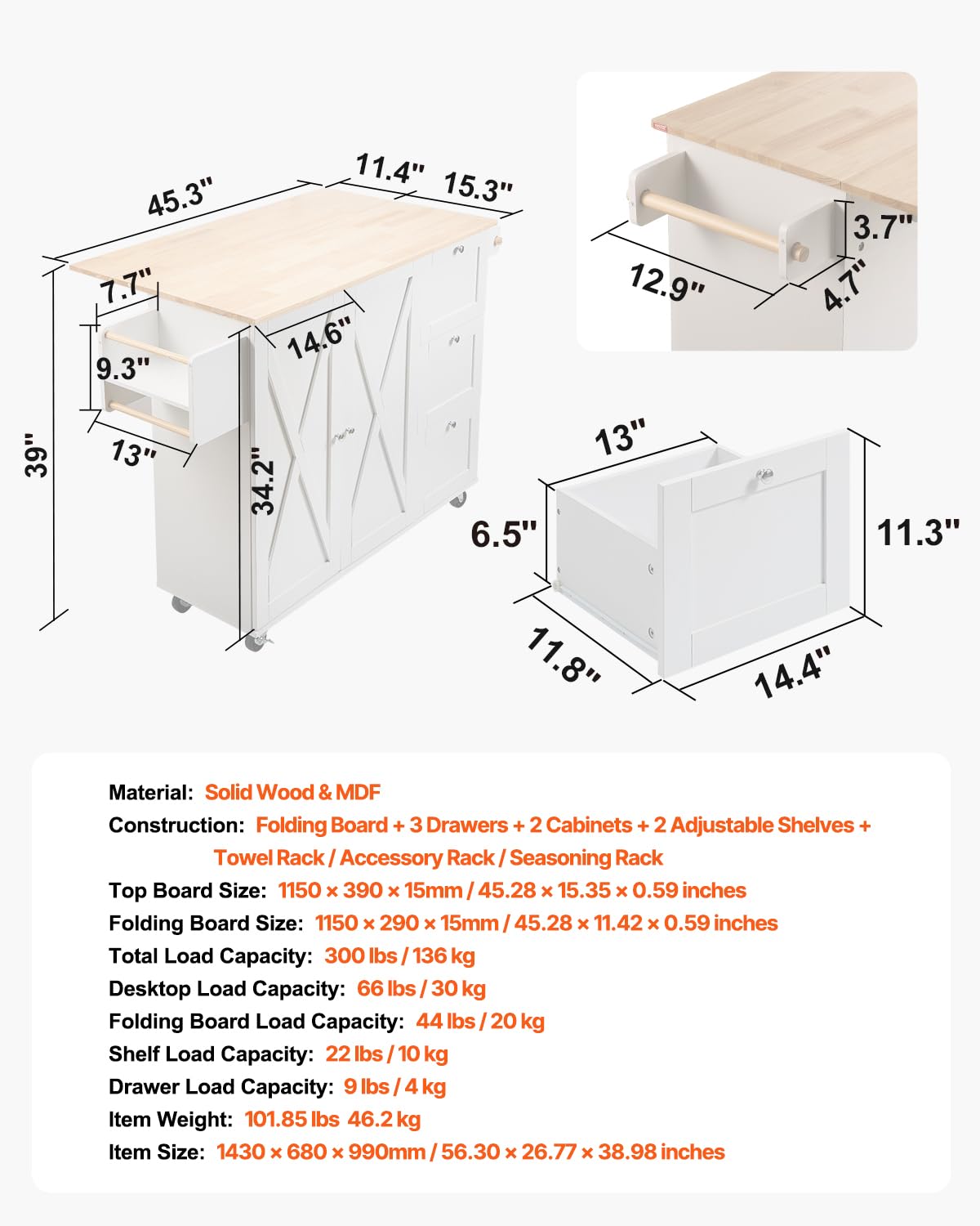 VEVOR Kitchen Island Cart, 45.3x39 inch Rolling Kitchen Table, Mobile Carts with Storage Cabinet and Solid Wood Top, Portable Islands with Wheels, Spice Rack, Towel Rack, Drop Leaf and Drawer, White