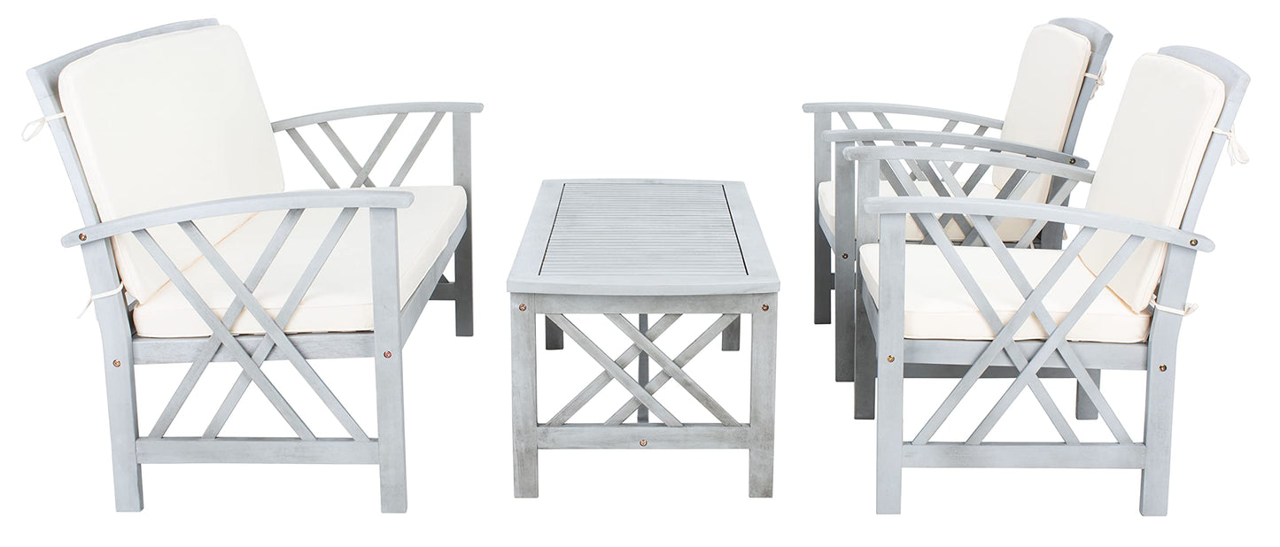 SAFAVIEH Outdoor Collection Fontana Grey Wash/ Beige 4-Piece Conversation Patio Set with Cushions