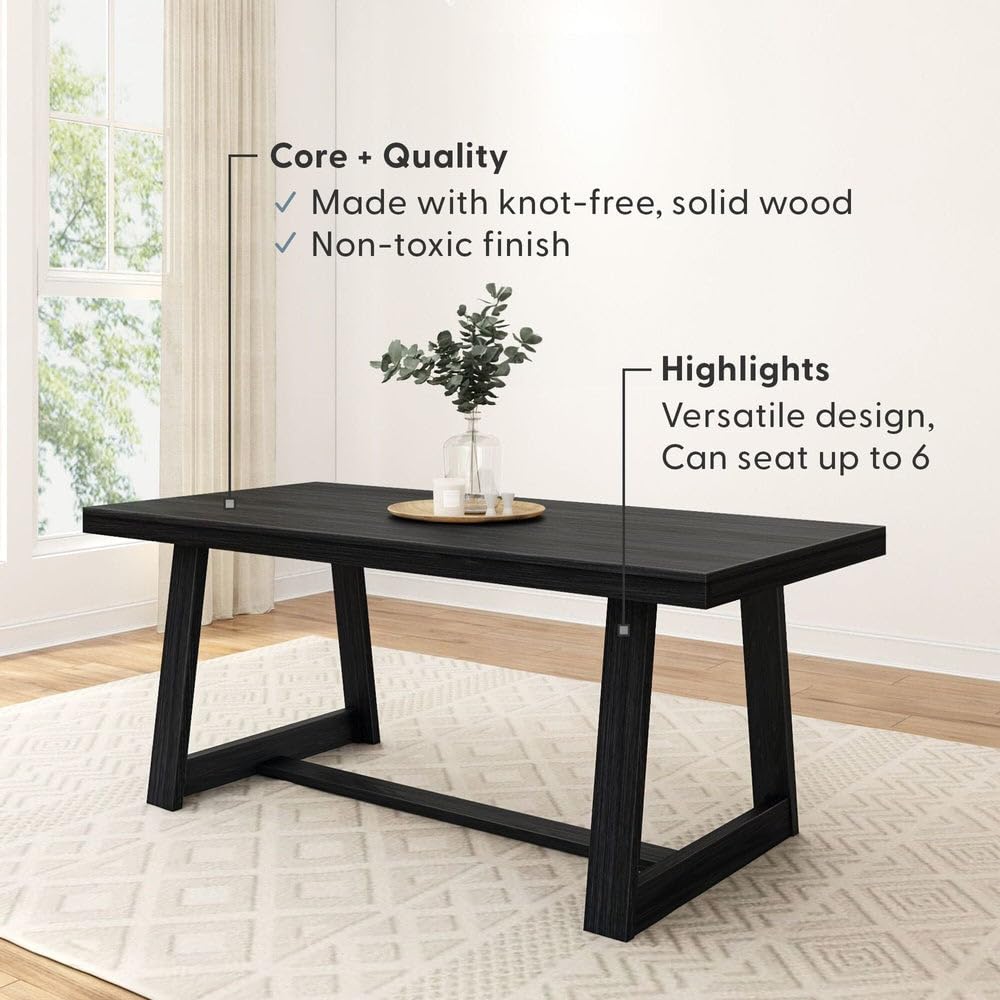 Plank+Beam 72 Inch Farmhouse Dining Table, Solid Wood Rustic Kitchen Table, Large Wooden Rectangular Dinner Table for Dining Room, Home Office, Living Room Furniture, Easy Assembly, Black Wirebrush