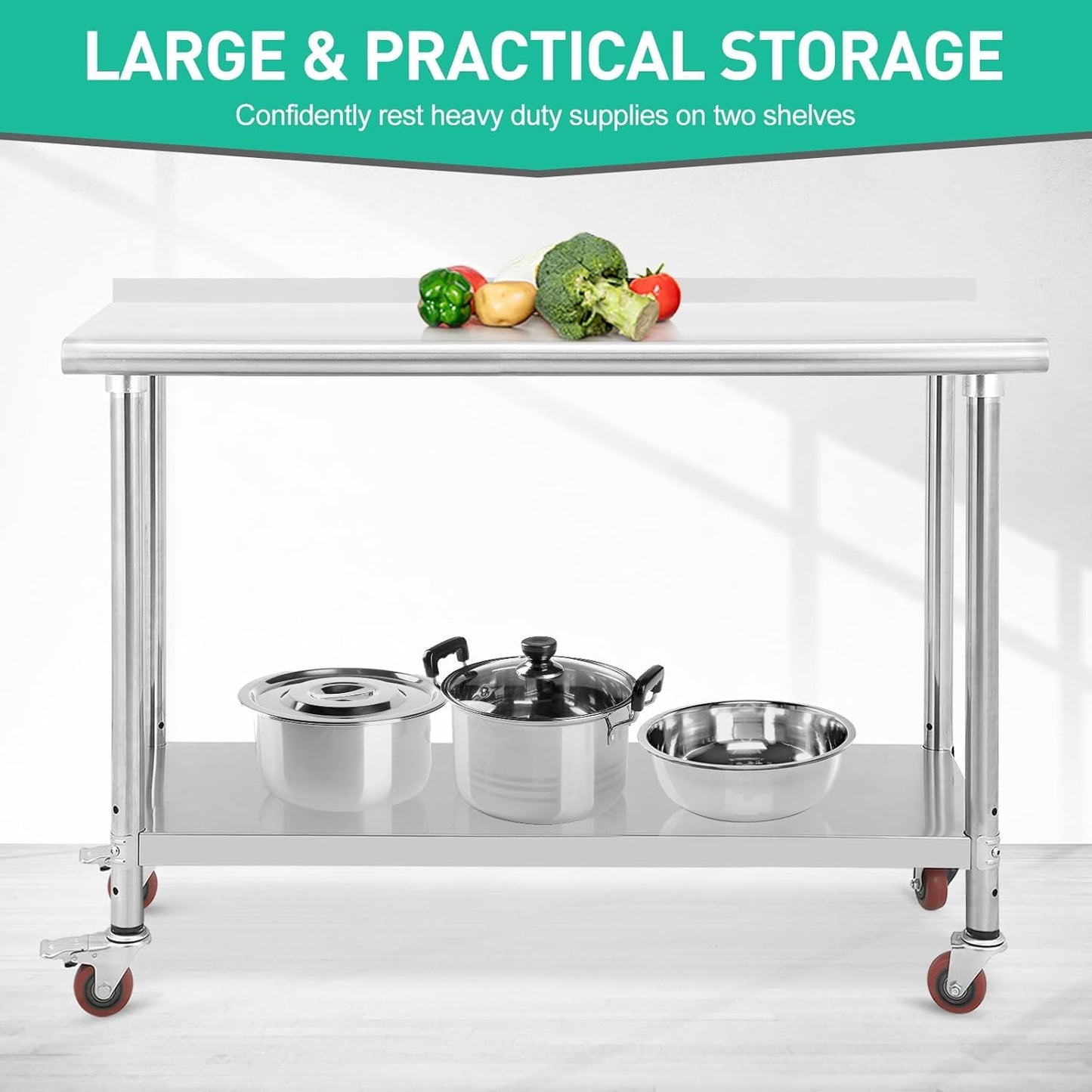 ExploreHorizon Stainless Steel Commercial Work Table with 2 Removable Upper Shelves & Adjustable Lower Shelf, Heavy Duty Wide Metal Prep Table for Kitchen Restaurant Workshop Garage Industrial Use