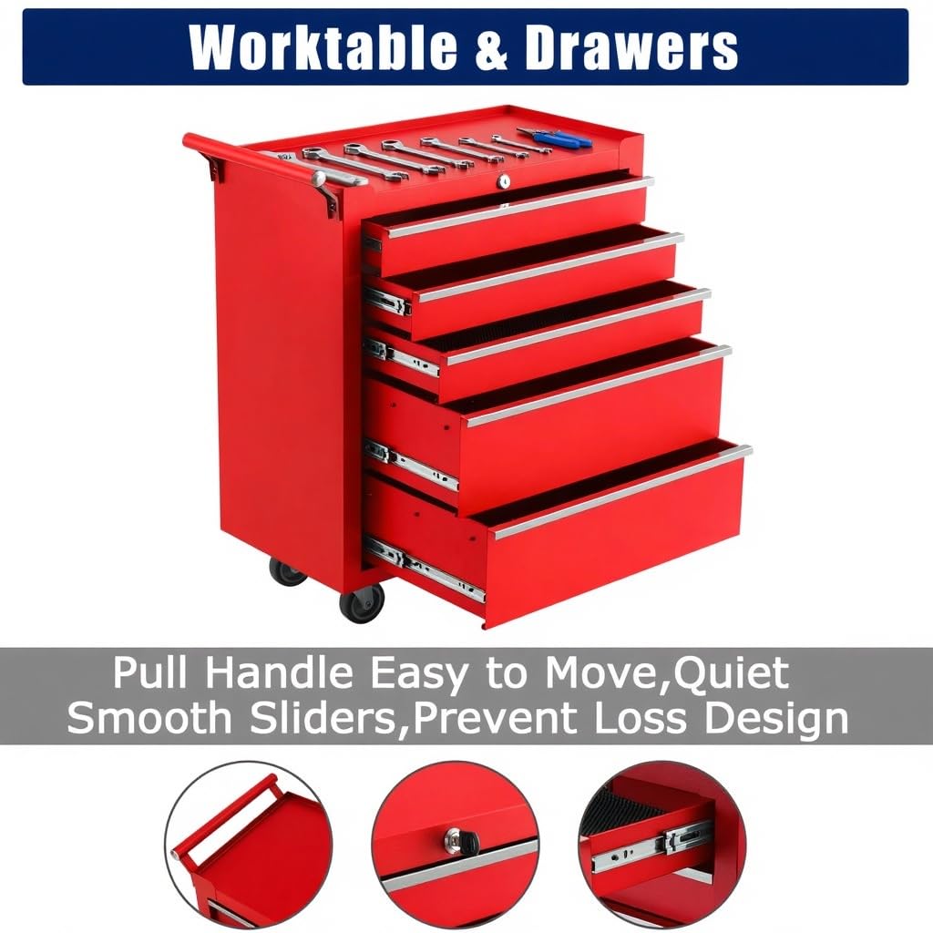 Rolling Tool Chest, 5 Drawers Tool Storage Cabinet with Wheels, Portable Tool Cabinet Organizer with Locking System & Drawer Liners,Universal Lockable Wheels, Tool Storage Cart for Garage, Workshop