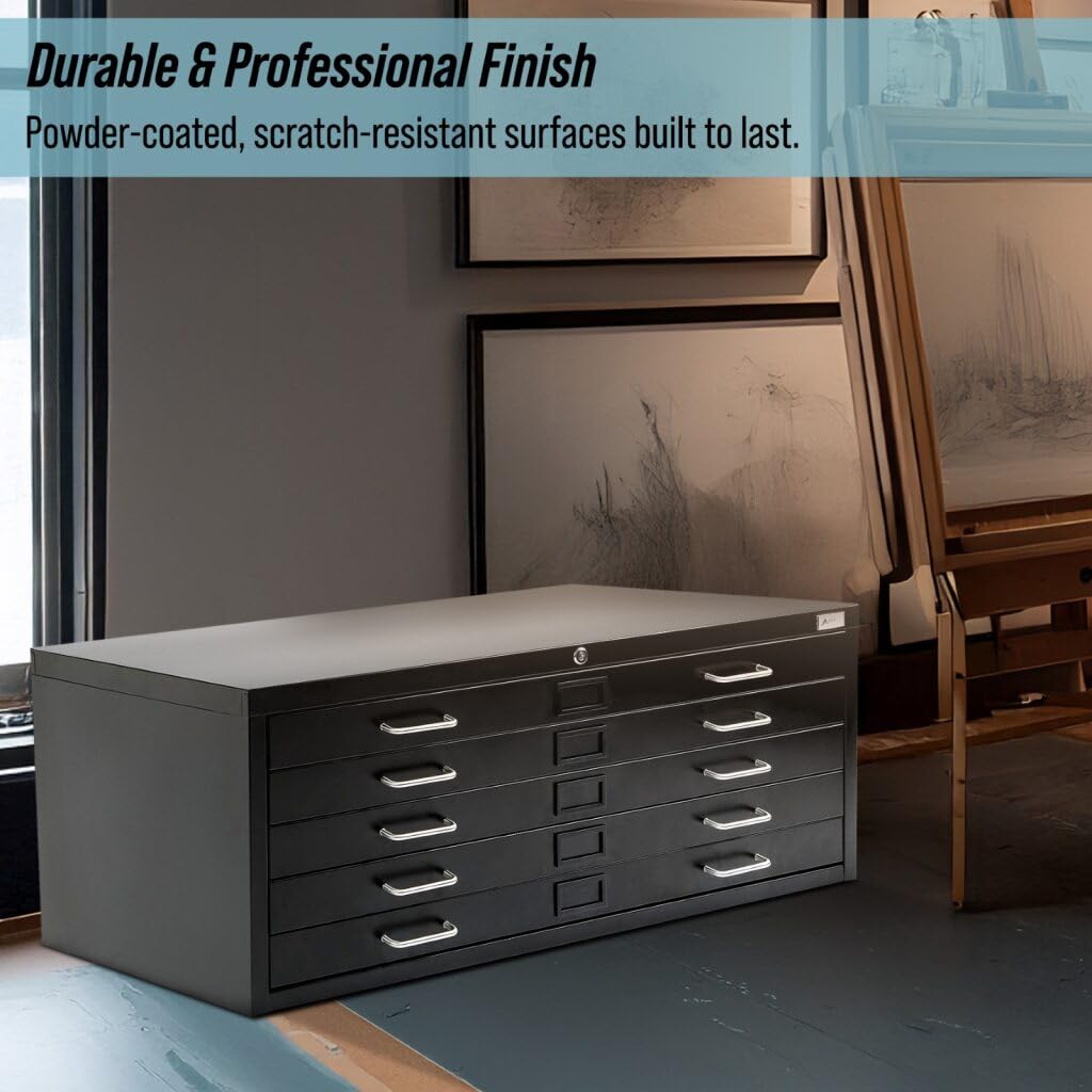 AdirOffice Flat File Cabinet - Heavy Duty 5-Drawer Blueprint Sheets Storage, 35" x 46" Great for Documents Sized 30” x 42”, Ideal for Artists, Art Files, Engineers, Architects, Offices - Black