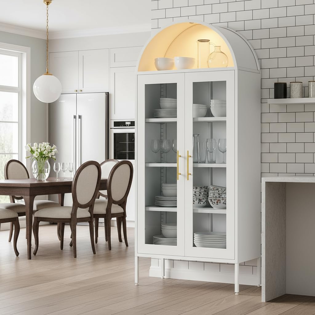 YITAHOME 71" Arched Glass Display Cabinet, Tall Metal Storage Cabinet with Adjustable Shelves and Glass Doors, White