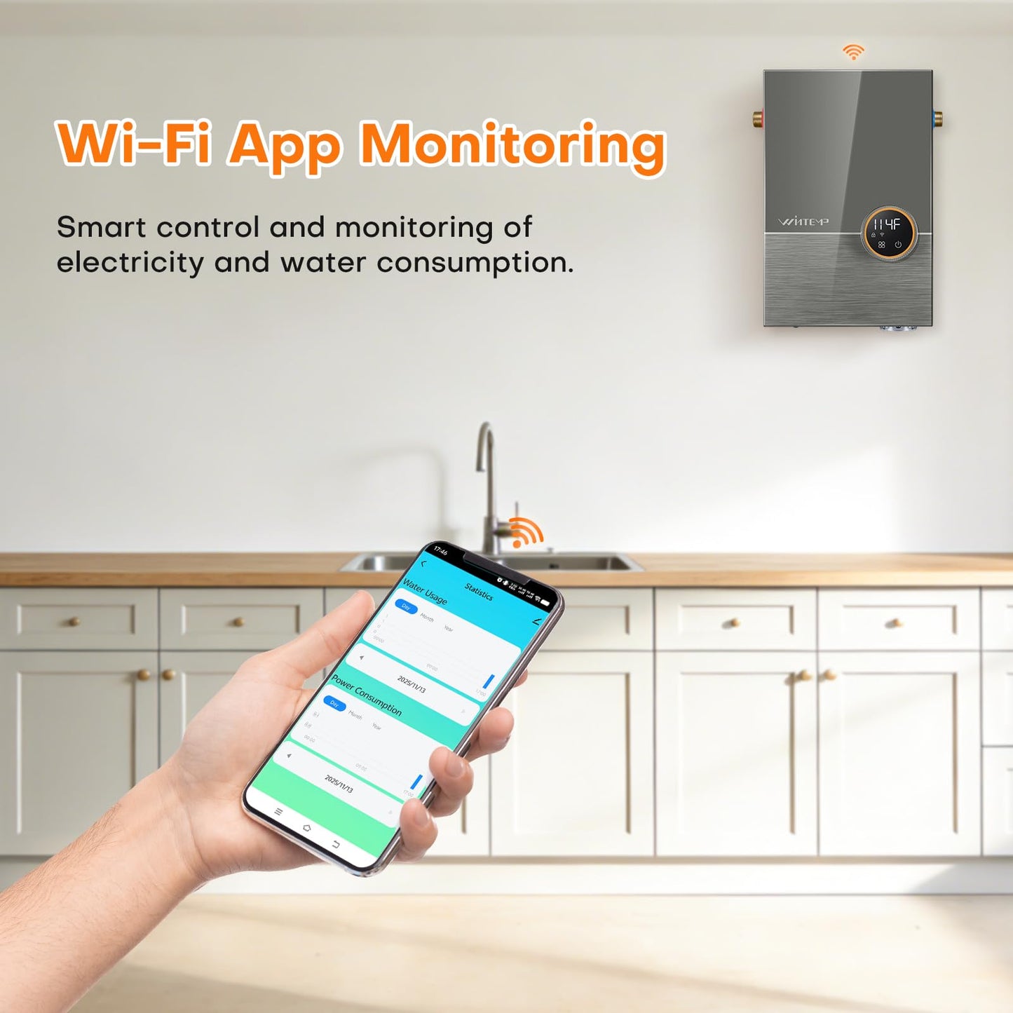 Wintemp Tankless Water Heater Electric 9kW, 240 Volt On Demand Instant Hot Water Heater, Within 1℉ Stable Temp, Up to 2.2 GPM, WiFi Control, ETL Certified, Eco, WM09