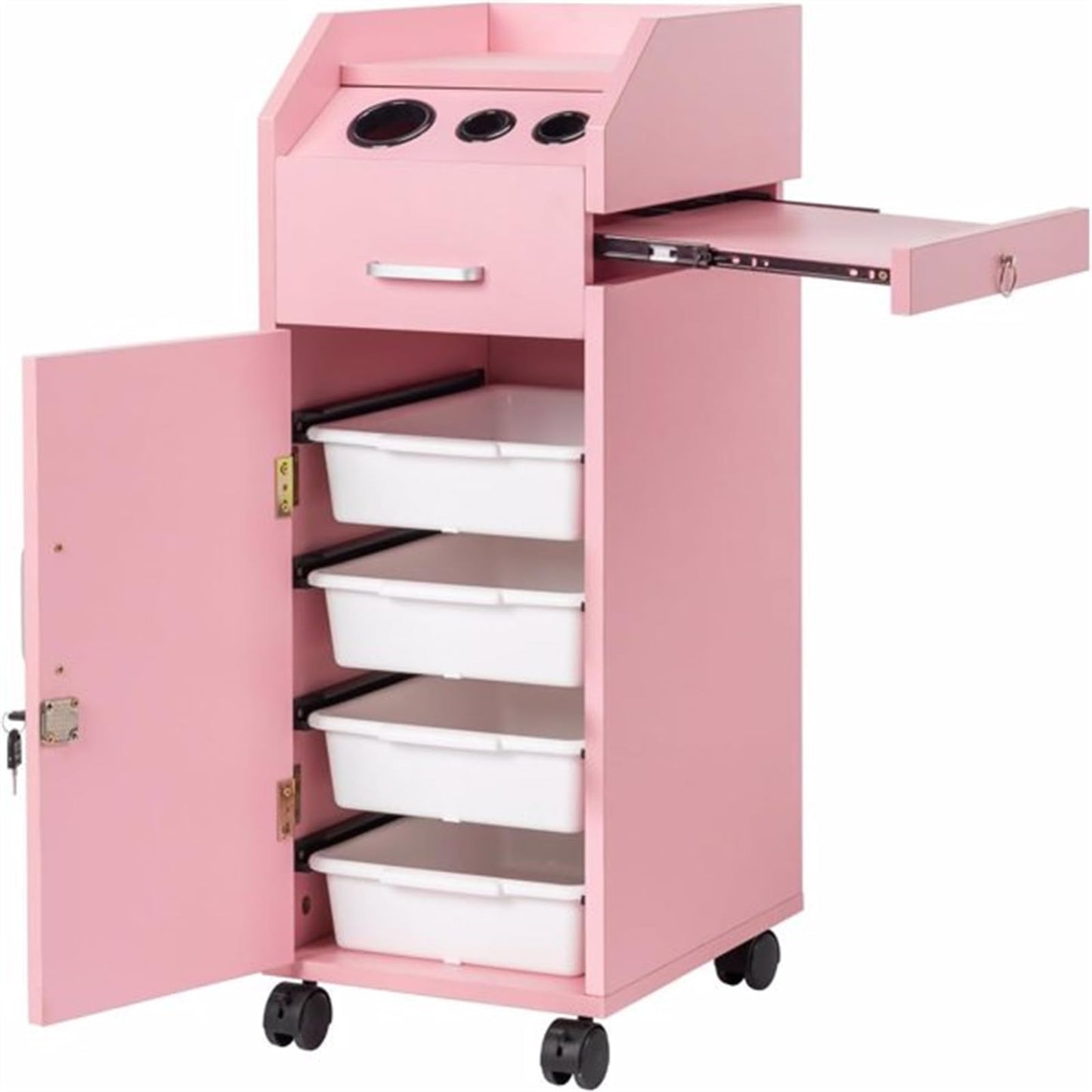CUIYMXSC Salon Storage Cabinet, Hairdressing Tools Station, with 3 Hair Dryer Holders, 4 Drawers, 1 Lockable Cabinet, Salon Trolley Cart Mobile Barber Station for Beauty Spa Barbershop