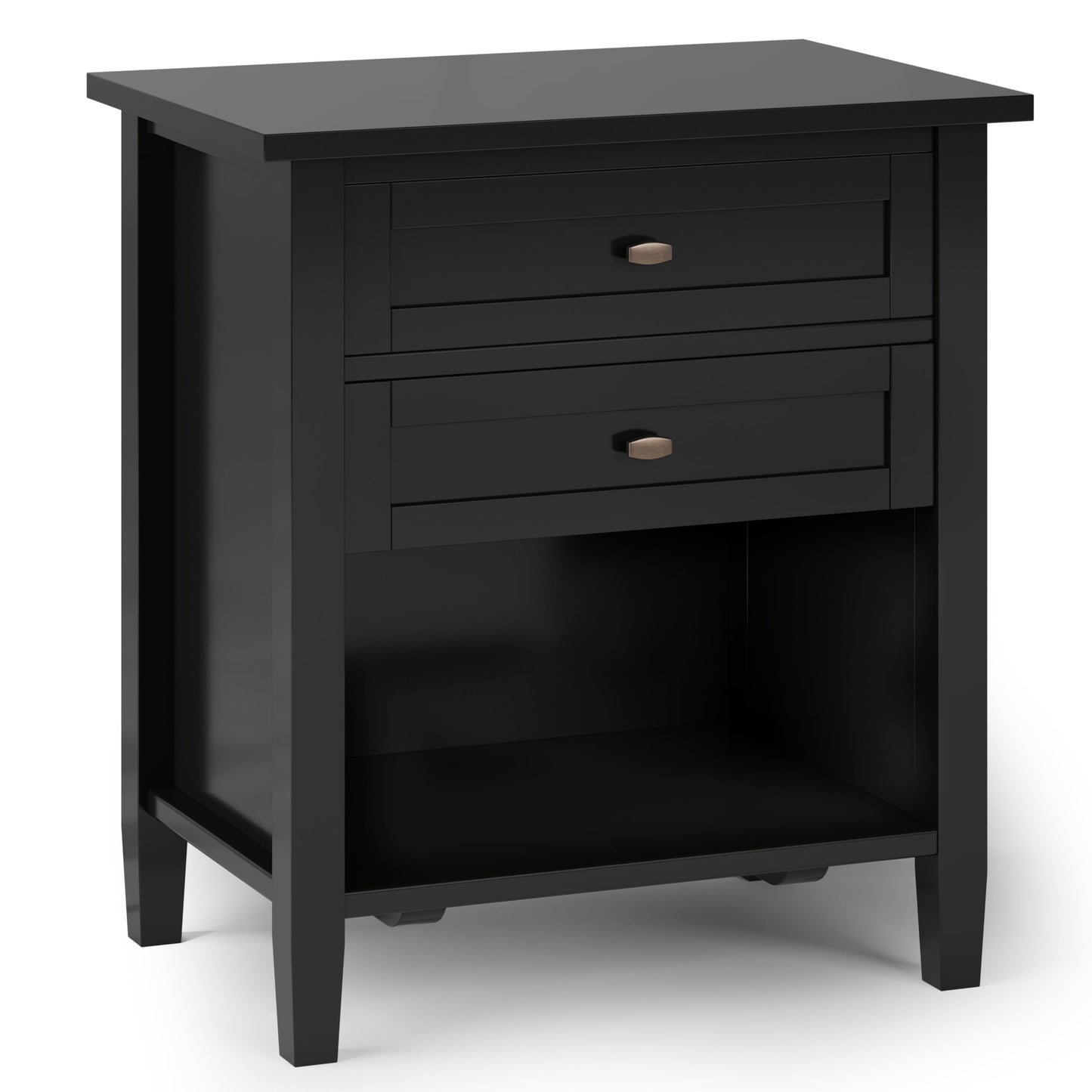 SIMPLIHOME Warm Shaker Bedside Table - 24 inch Wide Solid Wood Nightstand in Black, Transitional Bedroom Side or End Table with 2 Drawers, Open Shelf Storage and Bronze Hardware