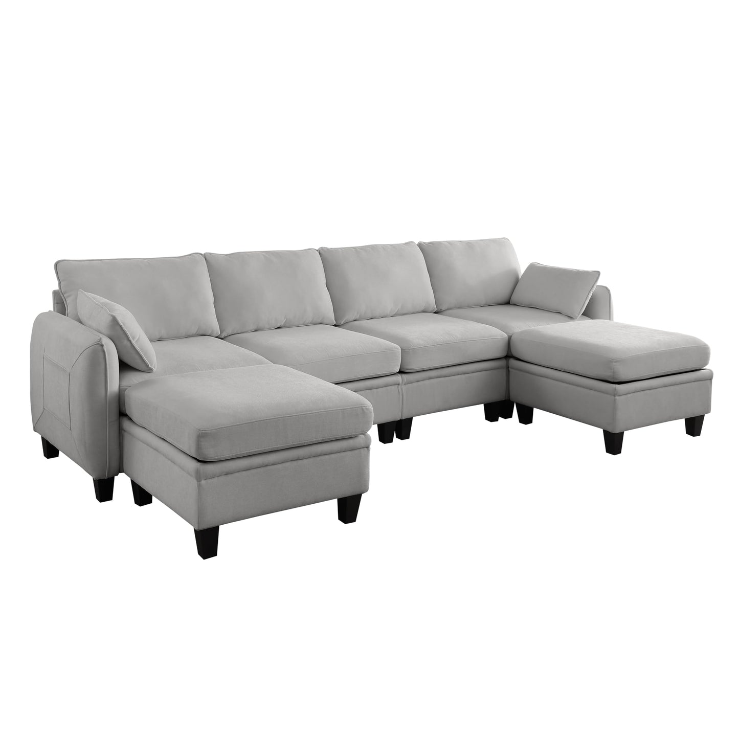 KEIKI 109 Inch Chenille Sectional Sofa Set, Modern U-Shaped Sleeper Cloud Couch with Storage Pockets & Ottoman, 6-Seater Modular Sofa Couches Bed for Apartment Living Room Lounge, Easy Assembly, Grey