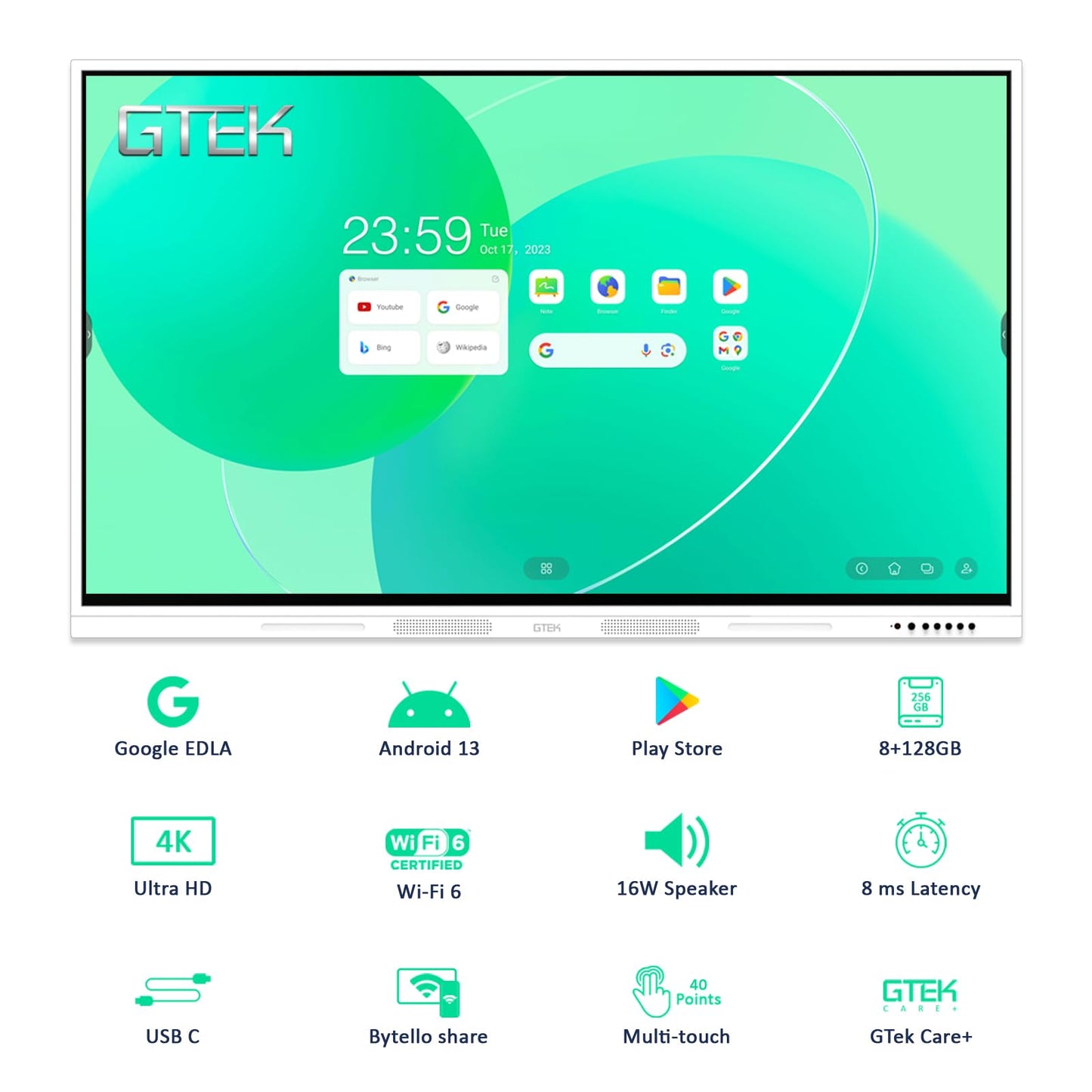 GTek 65" Smart Board, 4K Interactive Whiteboard, Touch Screen Digital Electronic Whiteboard with Android 13 8+128GB OS, Dual OPS Slot, Long-Life Design for Classroom, Office, Business and Home