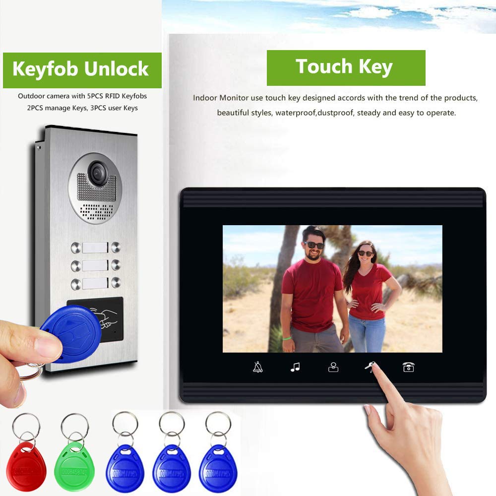 AMOCAM Upgrade Versions 3 Units Apartment Intercom System 7 inch Touch Monitor Video Door Phone Kits Support Ethernet Cable Connect, Single-Supply, ID Keyfobs Unlock for Home Apartment