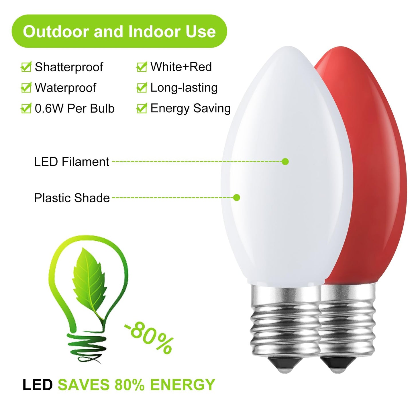 Minetom C9 LED Christmas Light Bulbs, 25 Pack, Shatterproof, Red & White, E17 Base, Dimmable Holiday Lights