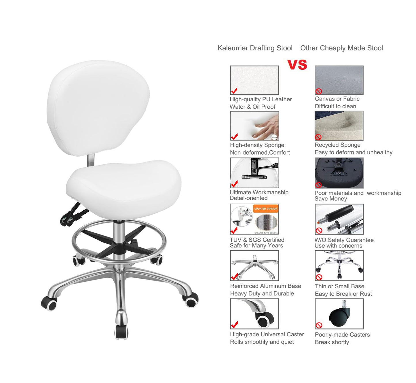 Kaleurrier Adjustable Height Drafting Stool Drafting Chair with Backrest & Foot Rest,Swivel Rolling Stools for Work Studio Dental Office Salon Kitchen Counter Tall Home Desk Chairs (White)