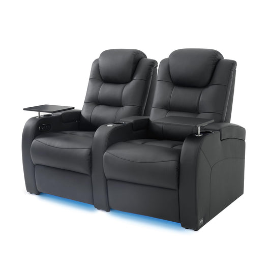 comfiroom Top Grain Leather Home Theater Seating Seats, Simple Style Dual Power Gaming Sofa Top Grain Leather Movie Theater Chairs Recliner Sofa with Type-C USB Charger (Black, Row of 2)
