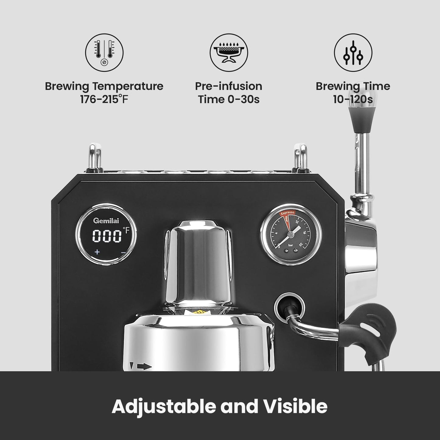 Gemilai Owl G3006 Home Espresso Machine, 58mm Commercial Group Head & PID Temp Control, Stainless Steel Coffee Maker for Barista-Quality Latte Art, Cappuccino Dual Data Display Black