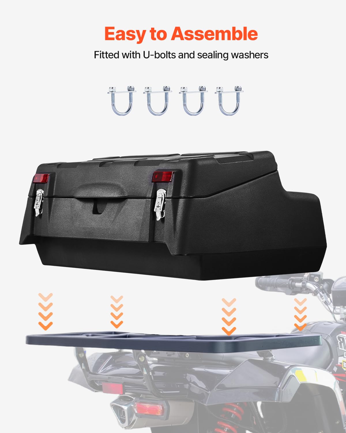 VEVOR ATV Rear Storage Box, 95L ATV Rear Cargo Box with Padded Backrest, Waterproof LLDPE and Lockable Gear Storage Box Fit Most ATVs with Rear Rack, Compatible with ATV, UTV, Can-Am Vehicles