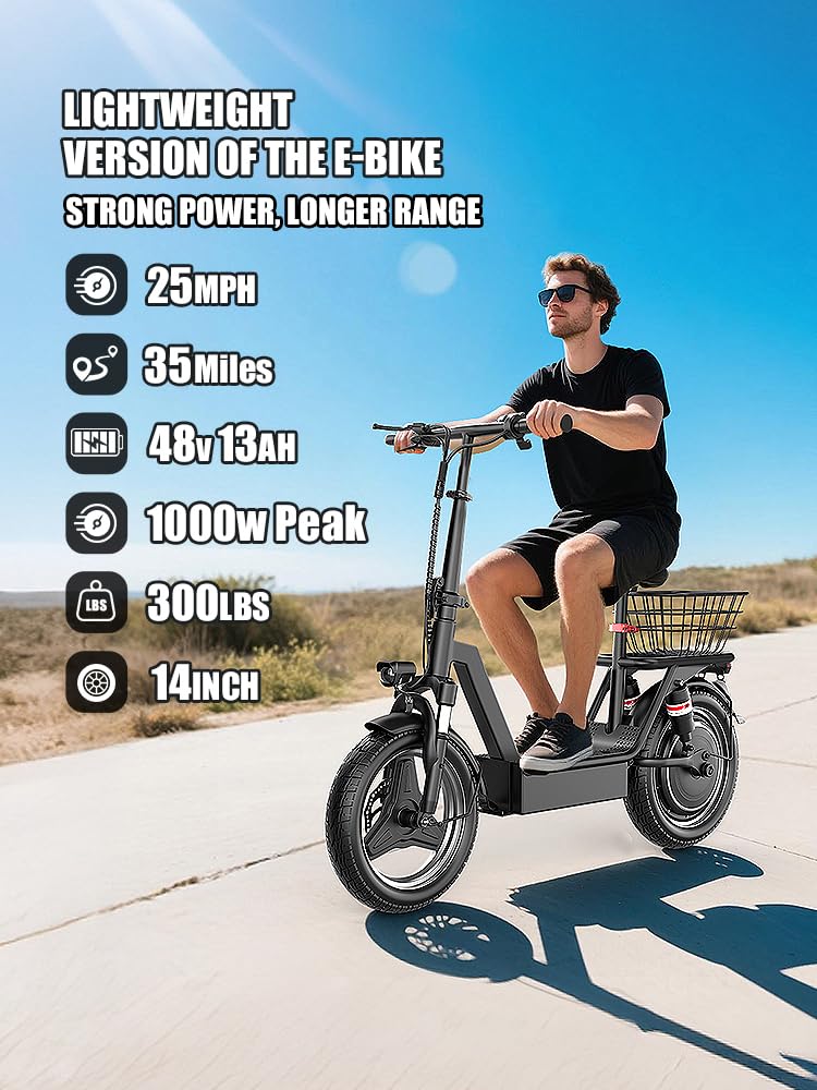 Electric Scooter Adults with Seat, 1000W Peak Motor, 35 Miles Range, 25MPH Top Speed, 14" Foldable E-Scooter with Seat and Basket for Cargo, Dual Suspension for Commuting