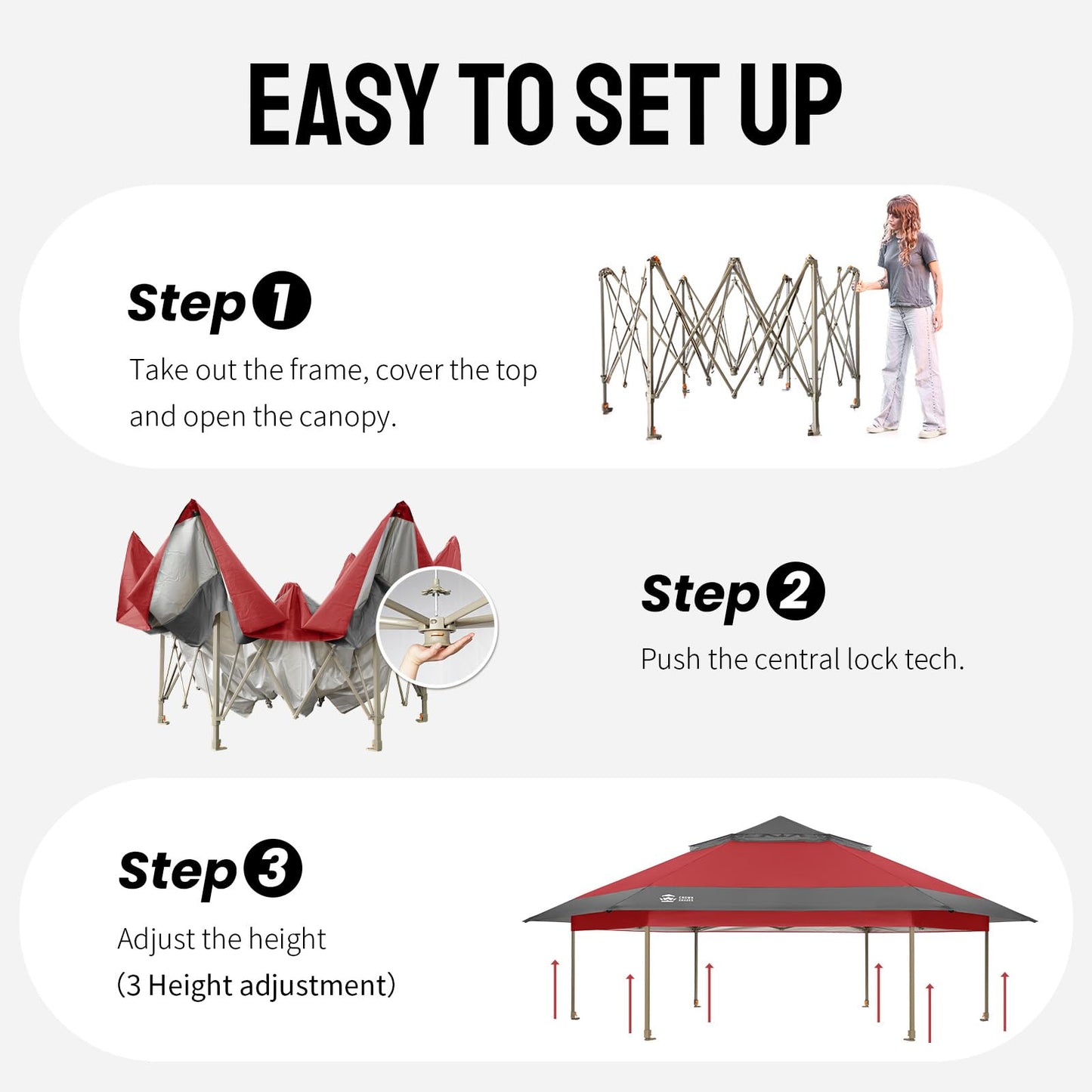 CROWN SHADES 13x13 Pop Up Gazebo with Mosquito Nettings, Patented CENTERLOK 6-Sided Portable Gazebo, 300D Silver-Coated Fabric UV Resistant, Pop Up Canopy Tent for Patio, Party, Red&Grey