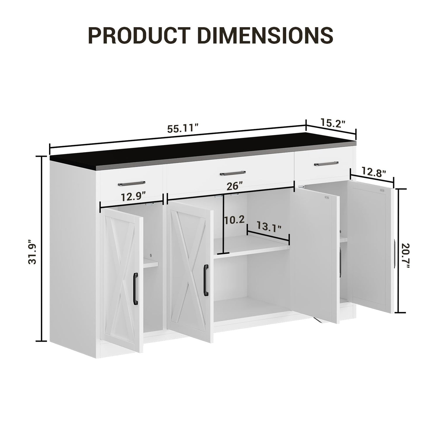 Garvee 55 in Large Buffet Sideboard Cabinet with Storage 4 Doors and 3 Drawers Kitchen Storage Cabinet Coffee Bar Buffet Table for Dining Room, Living Room, Adjustable Shelf