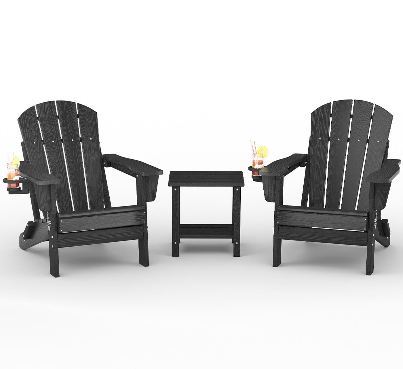 GarveeLife Folding Adirondack Chair Set of 2 with Side Table, All-Weather HDPE Outdoor Chair, Wooden Textured with Cup Holder for patios, Decks, Gardens, fire pits, Black