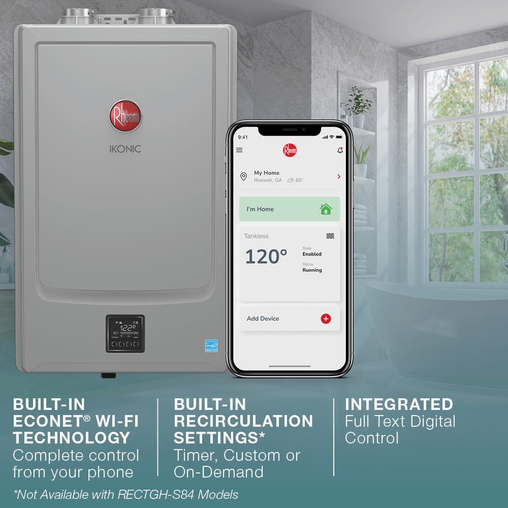 Rheem IKONIC RECTGH-SR84iN Professional Grade Super High Efficiency Condensing Tankless Natural Gas Water Heater with Recirculation, 8.4 GPM