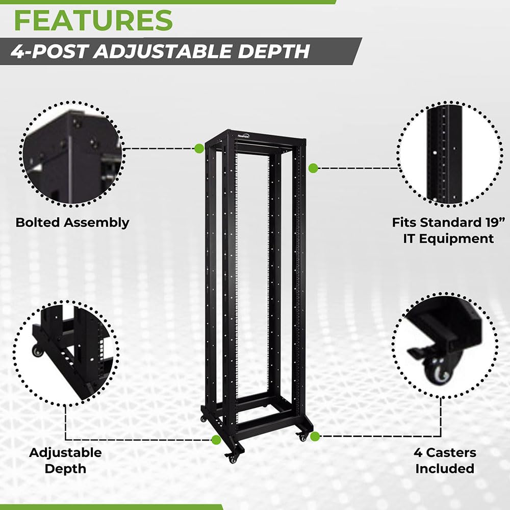 NavePoint 7ft Open Frame 19 Inch 42U 4-Post Network Server Relay Rack Rolling with Casters