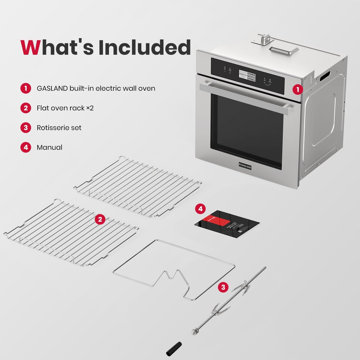 GASLAND 24 Inch Electric Wall Oven, ETL Certified 2.6 Cu.ft Built-in Oven, 11 Cooking Functions, 3D Heating, Convection Wall Oven with Rotisserie, Touch Control, Safety Lock, Stainless Steel