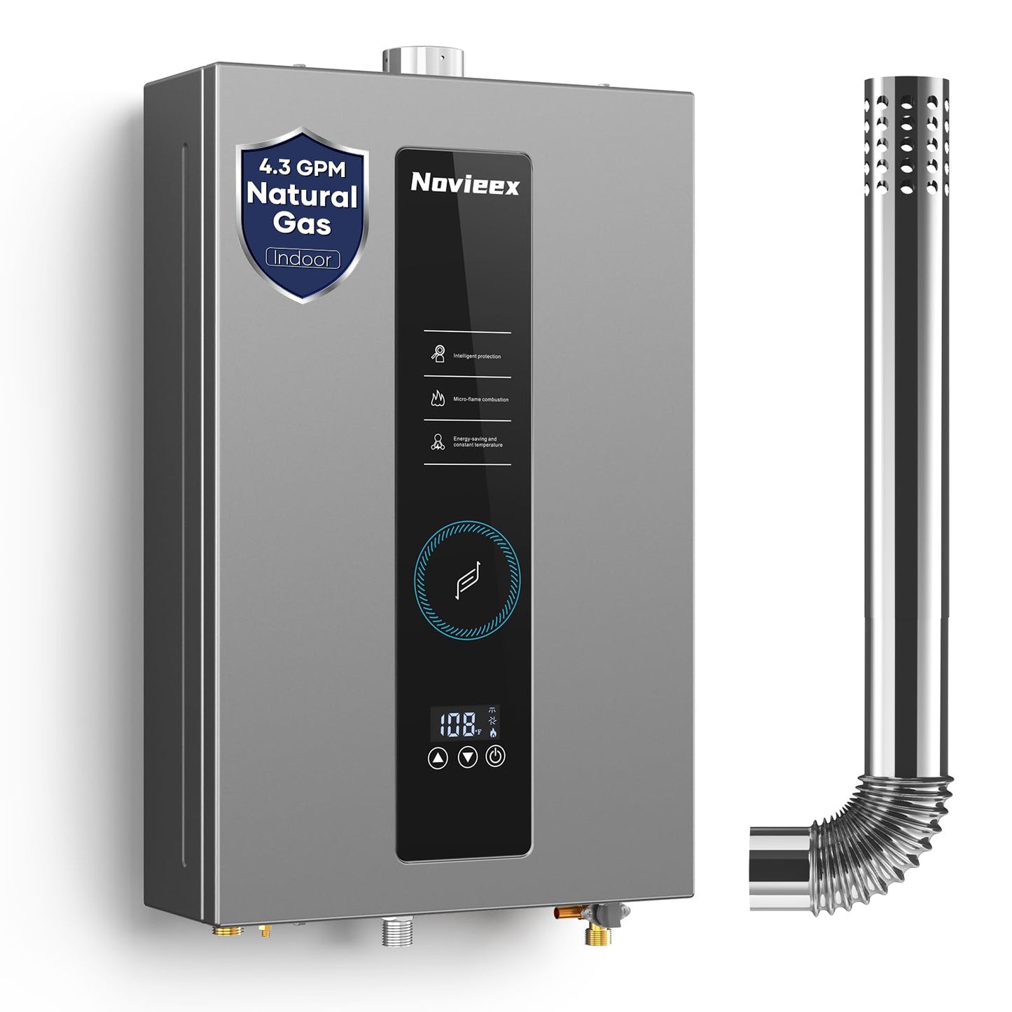 Tankless Water Heater, Novieex On Demand Water Heater Natural Gas, Up to 4.3 GPM, 100,000 BTU Instant Hot Water Heater with LED Display, Indoor Installation, 2-4 Point Use for Family Bathroom Kitchen