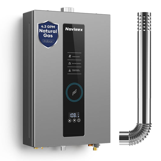 Tankless Water Heater, Novieex On Demand Water Heater Natural Gas, Up to 4.3 GPM, 100,000 BTU Instant Hot Water Heater with LED Display, Indoor Installation, 2-4 Point Use for Family Bathroom Kitchen