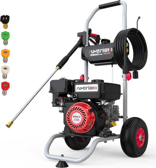 AMERISUN Gas Pressure Washer 3800 PSI 2.5 GPM, Gas Powered Pressure Washer 212CC 4-Stroke OHV Engine, 10" Wheels 5 Nozzle Set for Cars Fences Driveways Patios Furniture Home