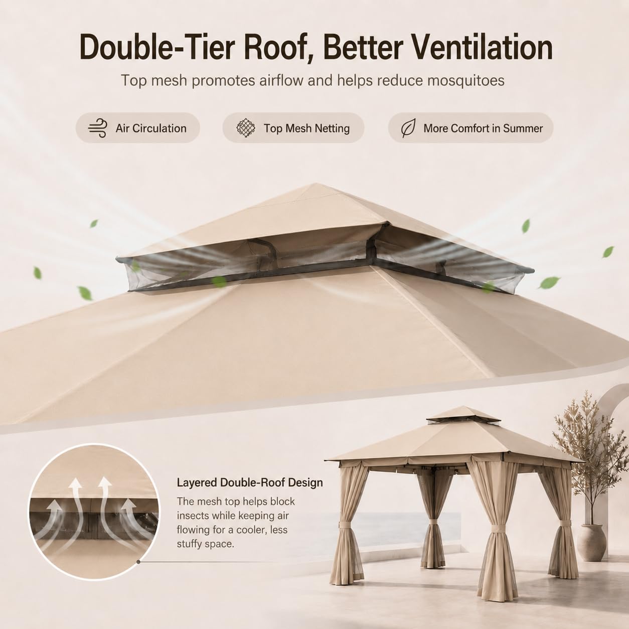 Kingdura 10'x13' Outdoor Gazebo, Heavy Duty Metal Patio Canopy Tent Shelter with Double Roof, Mosquito Netting & Privacy Curtains for Backyard, Garden, Deck, Lawn, Khaki
