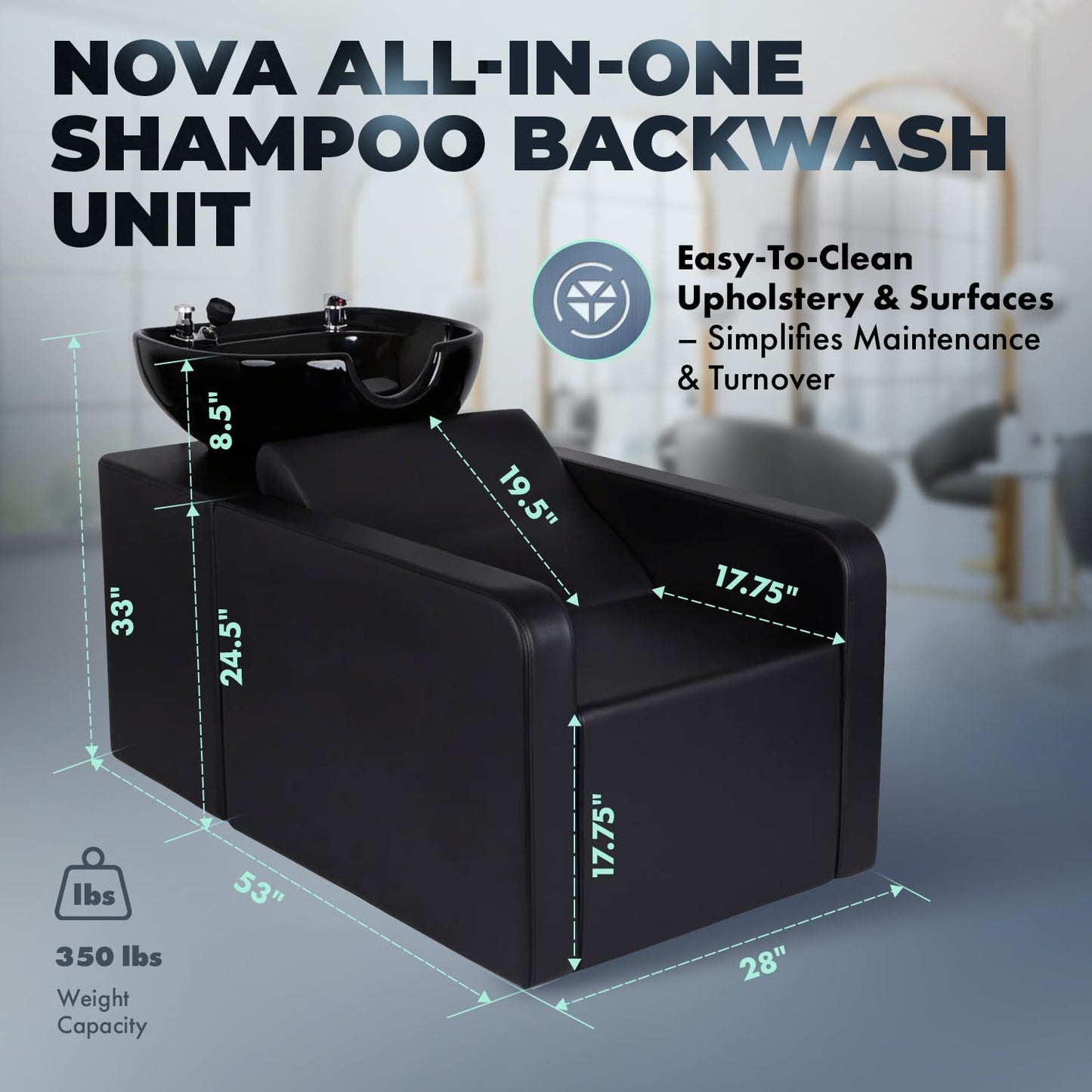 Buy-Rite Nova All-in-One Shampoo Backwash Unit for Professional Salons, Reclining Backrest, Integrated Shampoo Bowl, Easy to Clean, NIN-F-8811C-BLK-BW (Black Shampoo Bowl)