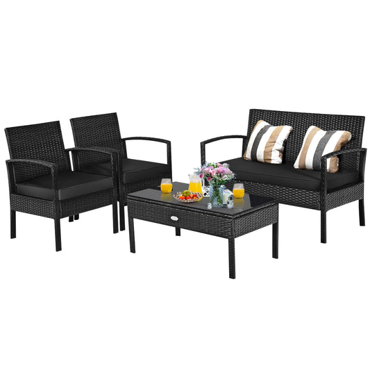 Tangkula 4 Pieces Wicker Patio Conversation Furniture Set, Outdoor Rattan Chair and Table Set, Patio Furniture Sets with Coffee Table & Washable Cushions for Courtyard Balcony Garden