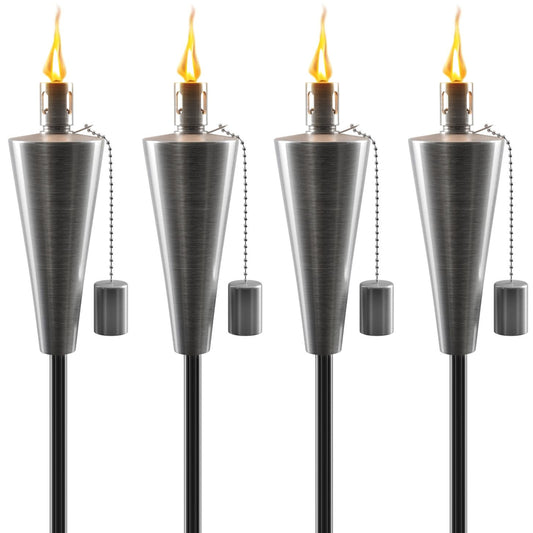 Matney Stainless Steel Tiki Torches Set of 4 - 5 ft Outdoor Oil Lamp with Fiberglass Wick & Snuffer Cap