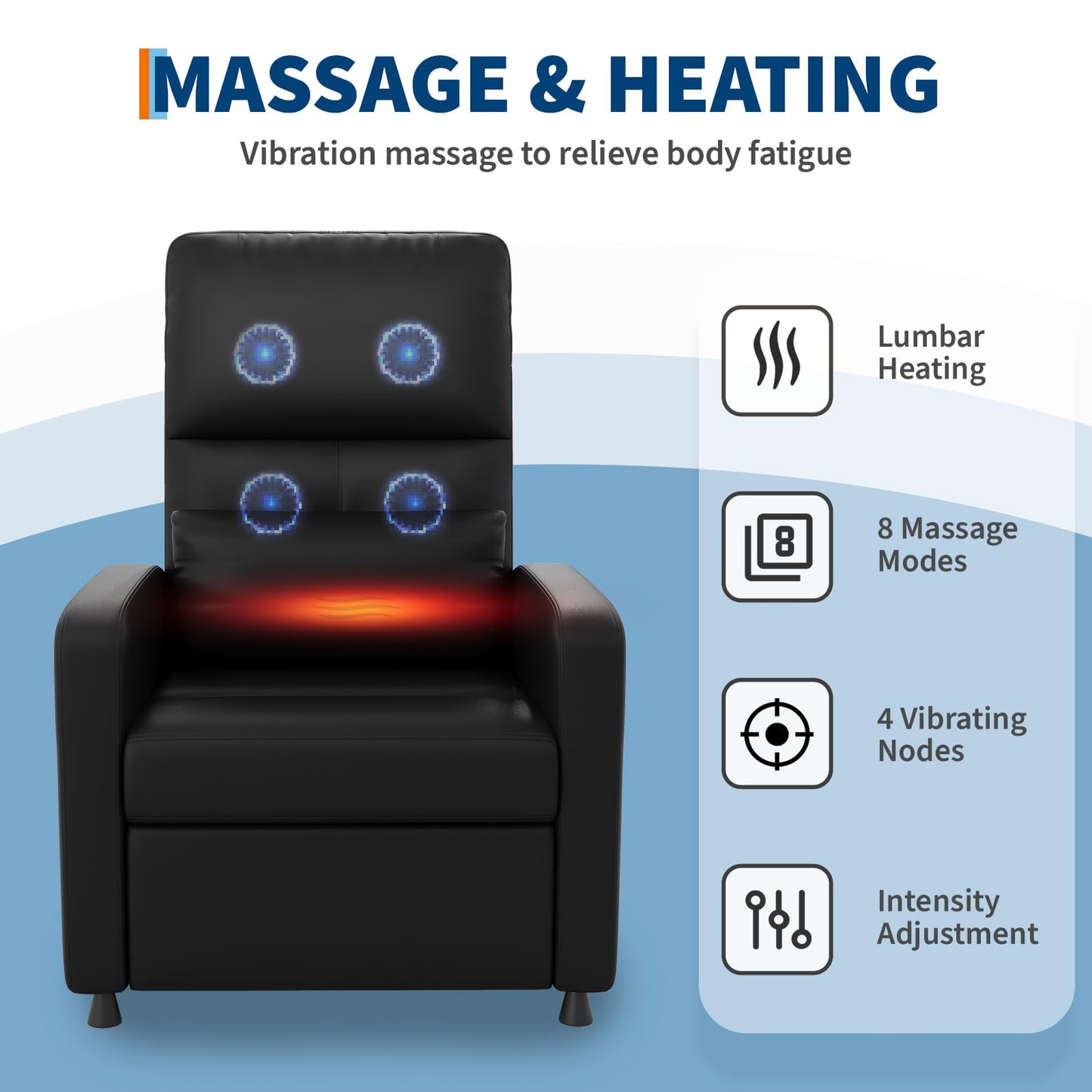 GarveeHome Power Recliner Chair with Massage and Heat, Adjustable Electric Recliner Ergonomic Overstuffed PU Leather Single Sofa, 2 Side Pockets and USB Port, Home Theater Seating for Living Room